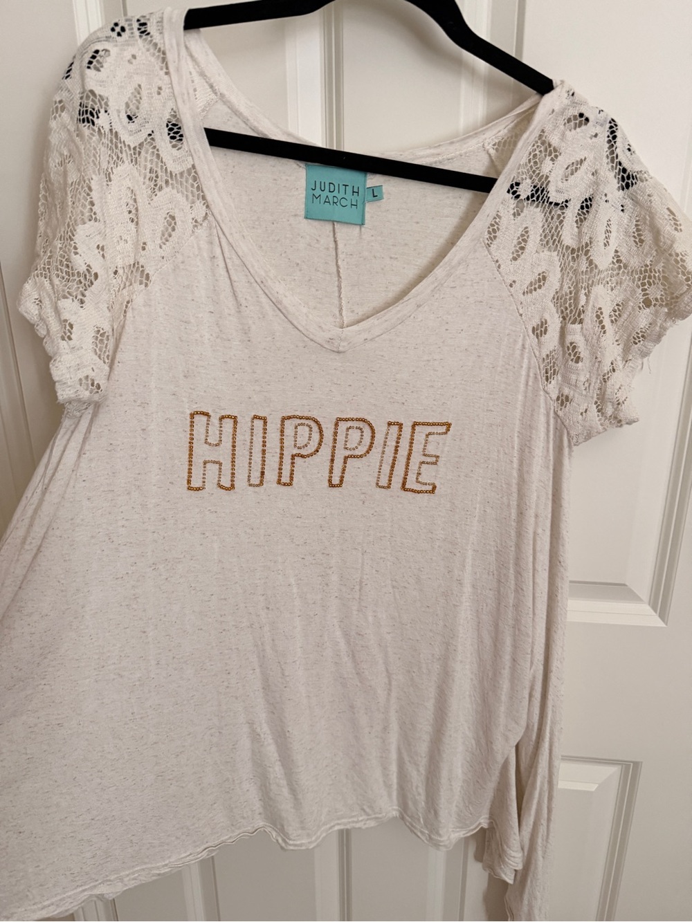 Judith March Cream Short Sleeve Lace 'Hippie' V-Neck Tee